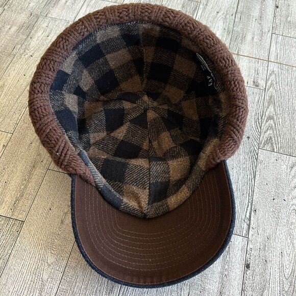 Ear-Flap Hat Blue Wool brown cableknit plaid flannel lined S/M Gap Vintage - Picture 3 of 12